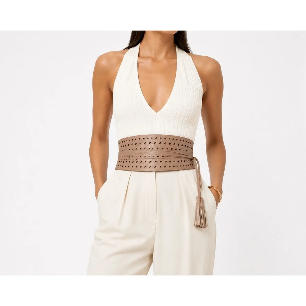 BCBGMAXAZRIA Tan Perforated Leather Obi Wrap Belt with Tassels XS S